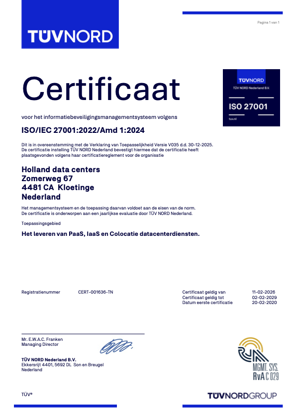 Holland Datacenters ISO 27001 certificaat