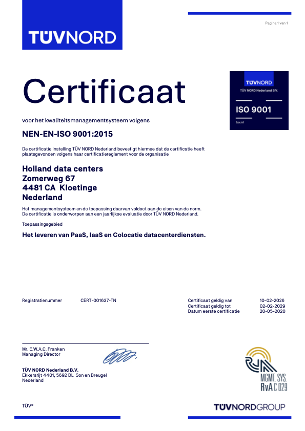 Holland Datacenters ISO 9001 certificaat